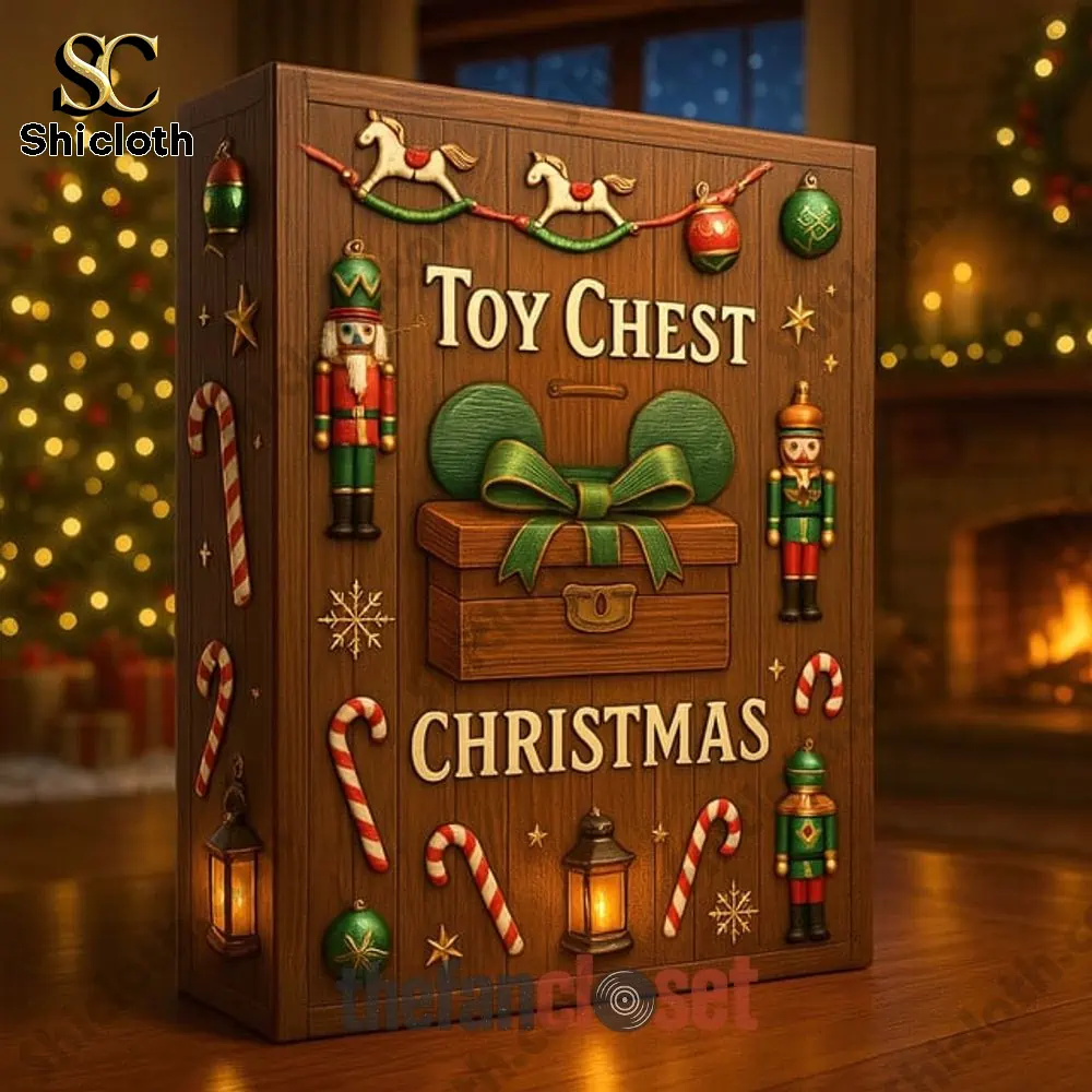 Close up of Toy Story Toy Chest Christmas Advent Calendar box with wooden design and holiday decorations.