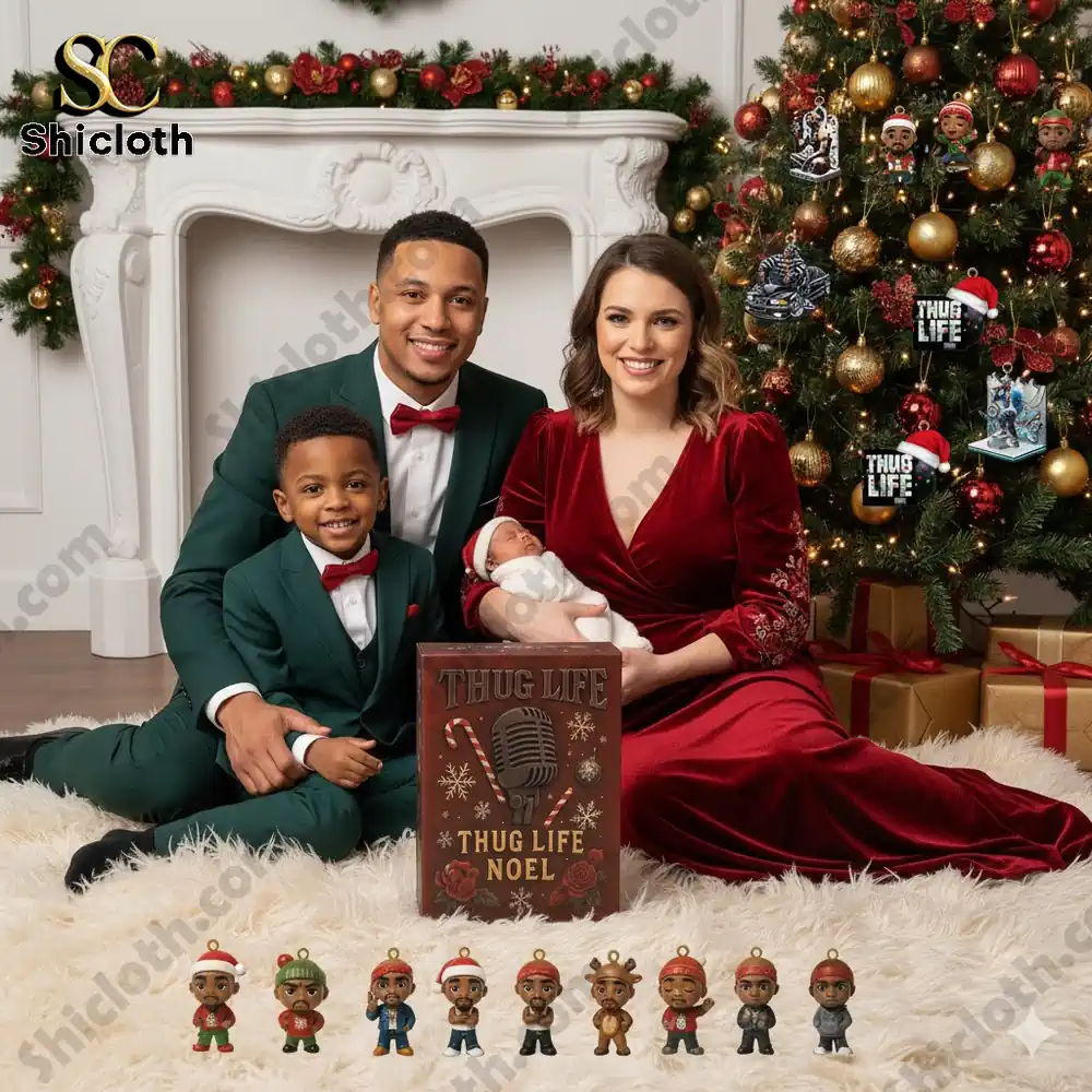 Family sitting by Christmas tree with Thug Life Noel Advent Calendar box and ornaments.