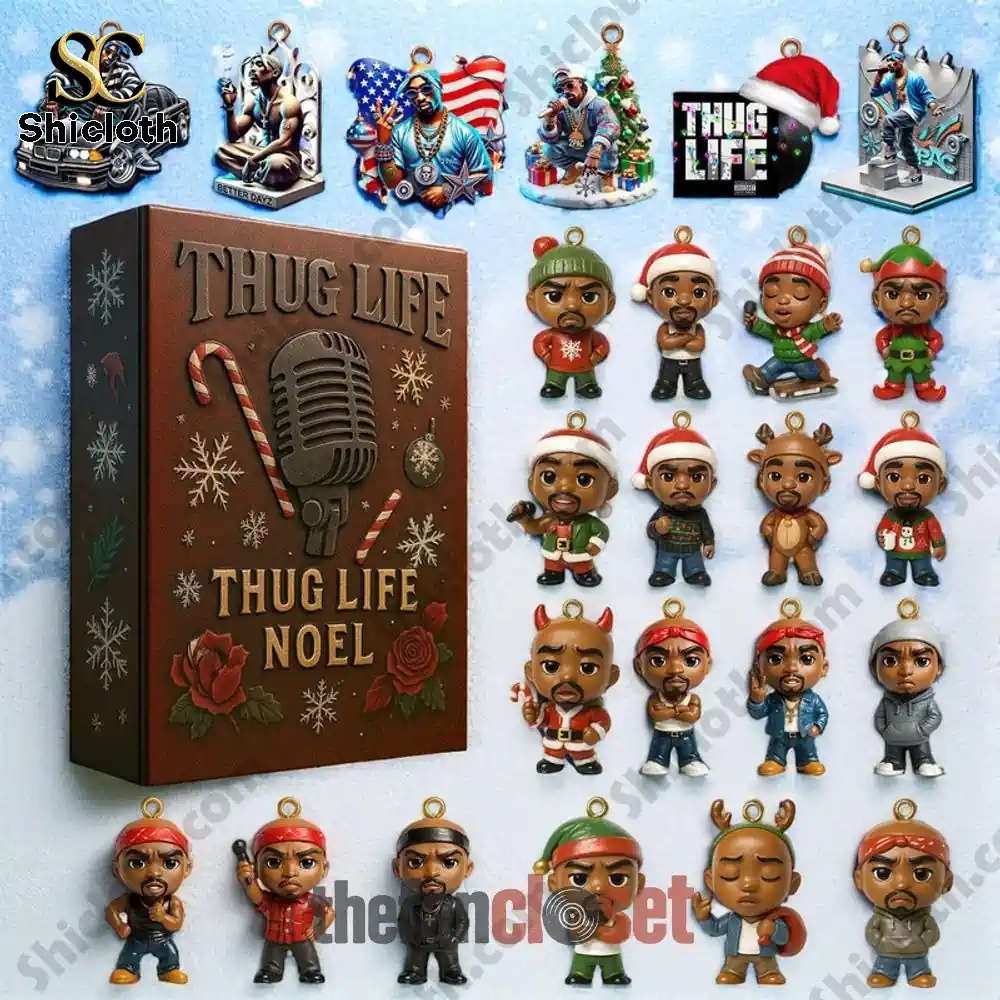 Thug Life Noel Advent Calendar box with multiple Tupac themed ornaments.