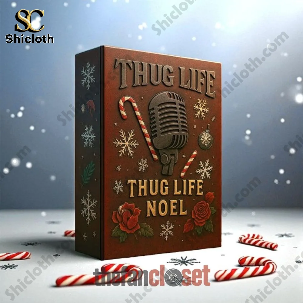 Tupac Shakur Thug Life Noel Advent Calendar 2025 3 Close up of Thug Life Noel Advent Calendar box with festive candy canes and snowflakes.