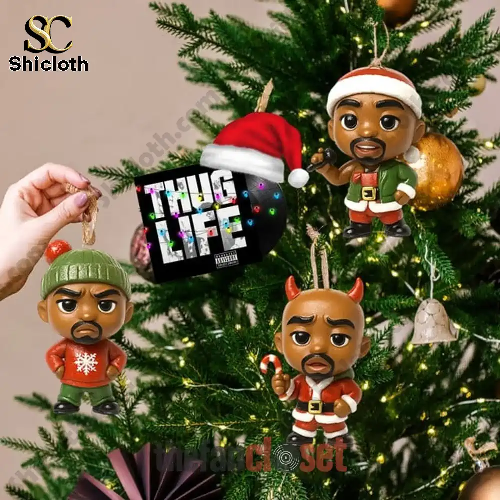 Tupac Shakur Thug Life Noel Advent Calendar 2025 4 Christmas tree decorated with Thug Life Noel ornaments and Tupac themed figures.