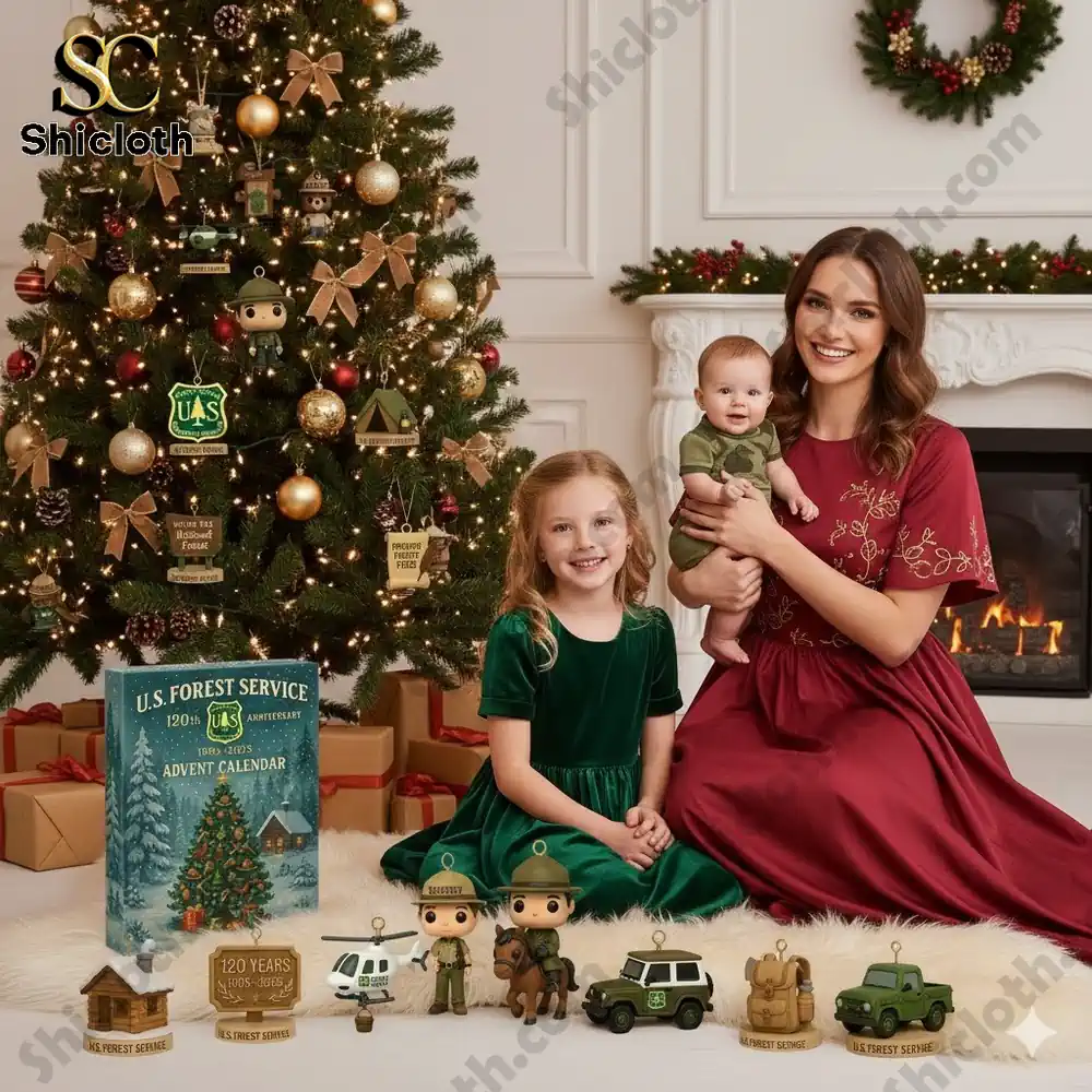 A mother and two children sitting by a Christmas tree decorated with U.S. Forest Service ornaments and an advent calendar box in front of them!