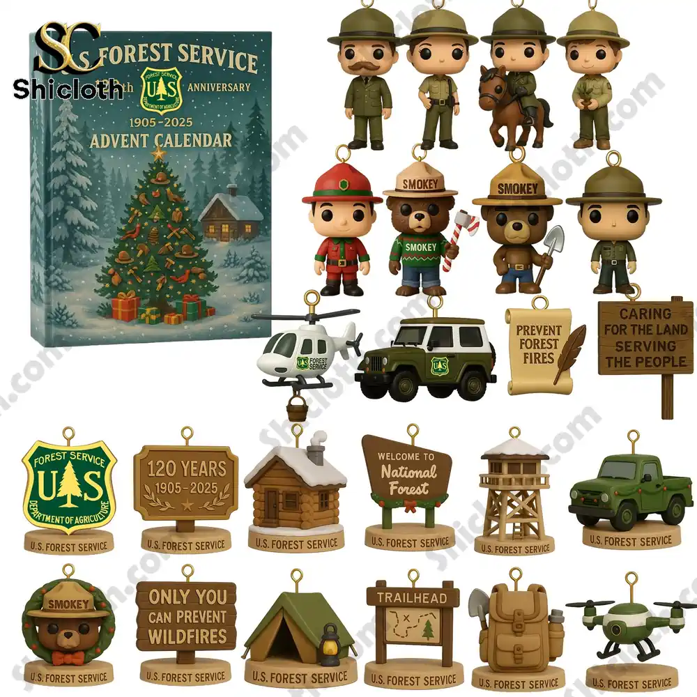 U.S. Forest Service 120th Advent Calendar 2025 3 A collection of miniature U.S. Forest Service themed figures and ornaments from the 2025 advent calendar set!