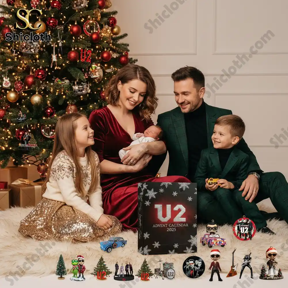 Family sitting by Christmas tree with U2 Advent Calendar 2025 box and ornaments.