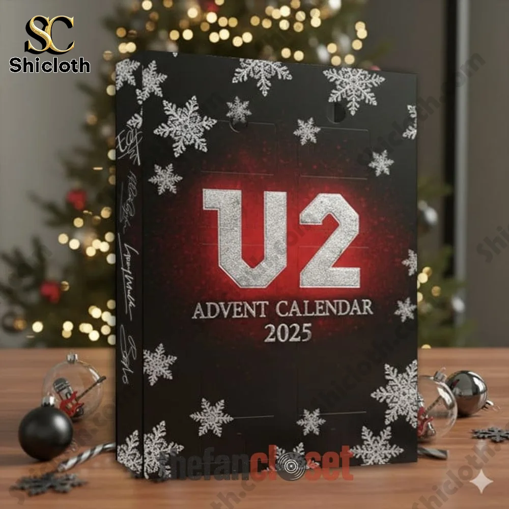 Close up of U2 Advent Calendar 2025 box with snowflake design.