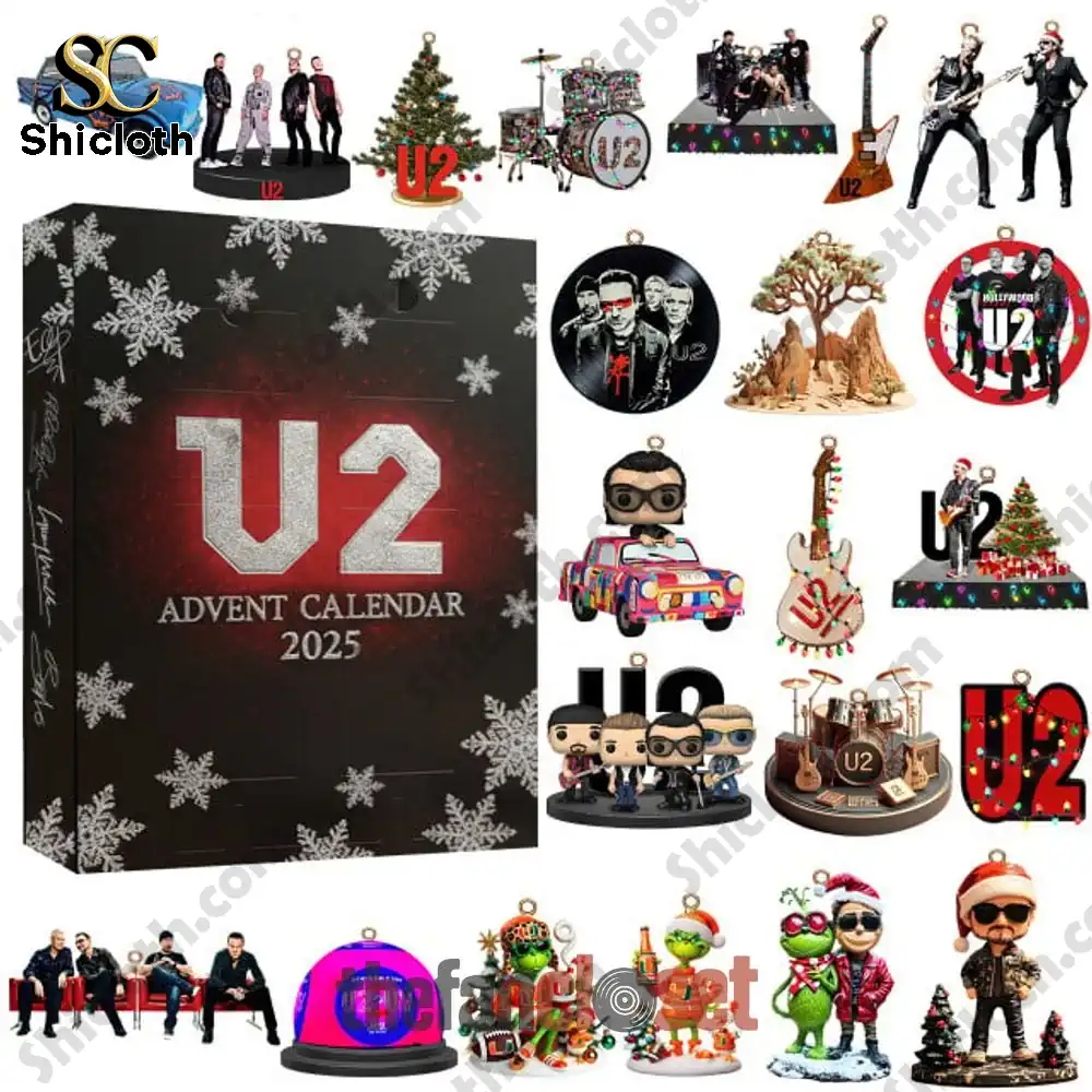 U2 Band Christmas 2025 Advent Calendar 3 U2 Advent Calendar 2025 box with multiple themed ornaments and band figures.