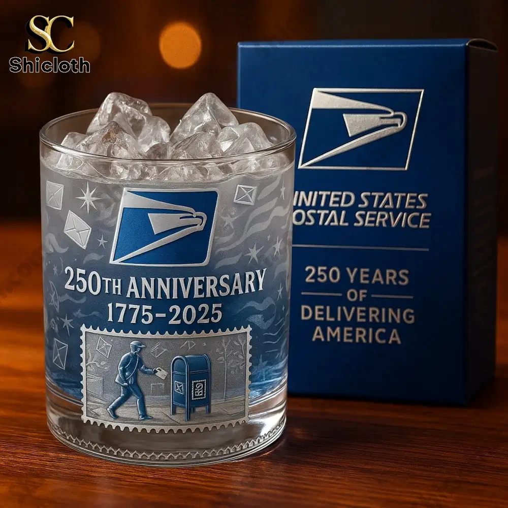 Commemorative USPS 250th Anniversary whiskey glass with gift box.