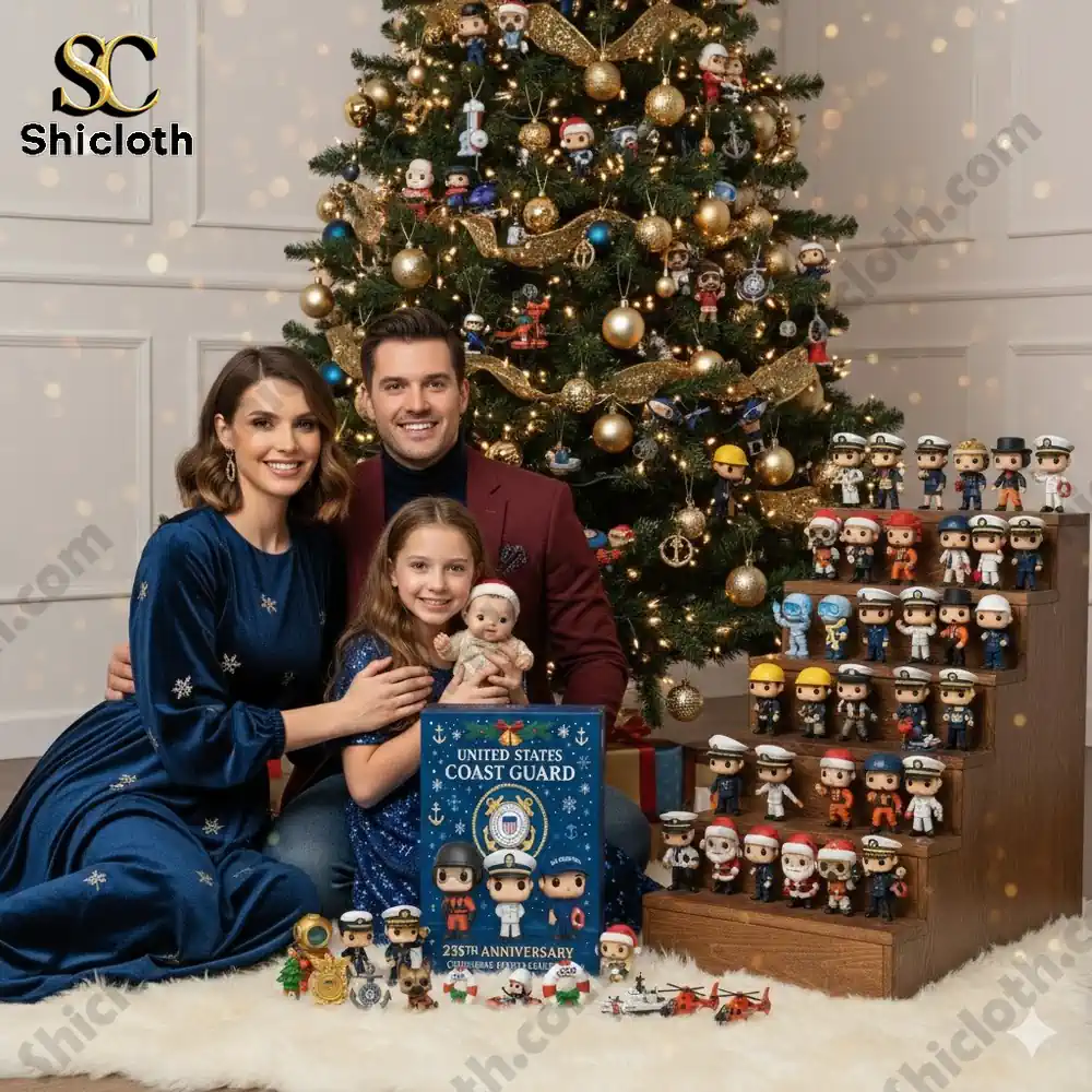 United States Coast Guard 235th Anniversary Christmas Advent Calendar 1 A smiling family sitting beside a decorated Christmas tree with the United States Coast Guard 235th Anniversary Advent Calendar and collectible figures displayed in front!
