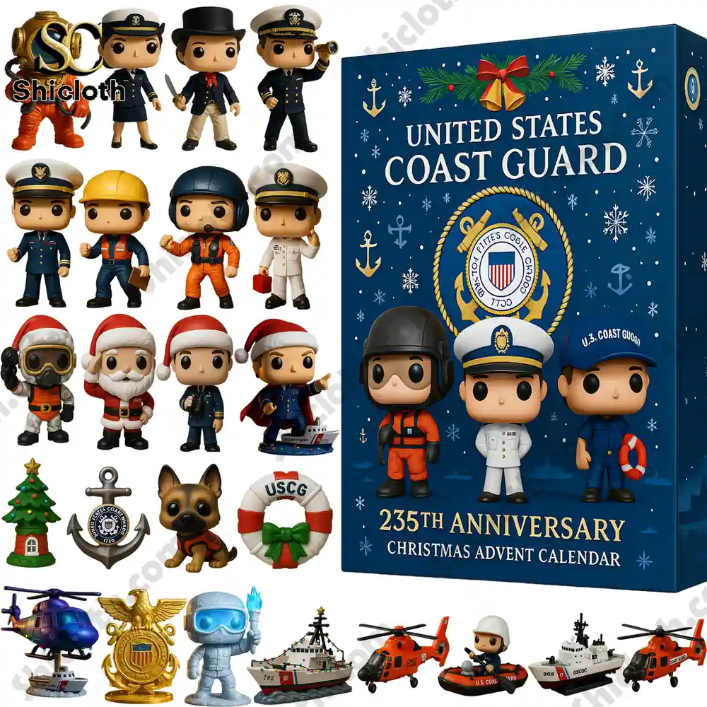 United States Coast Guard 235th Anniversary Christmas Advent Calendar 3 A full display of the United States Coast Guard 235th Anniversary Advent Calendar box surrounded by miniature Coast Guard figures and themed ornaments!