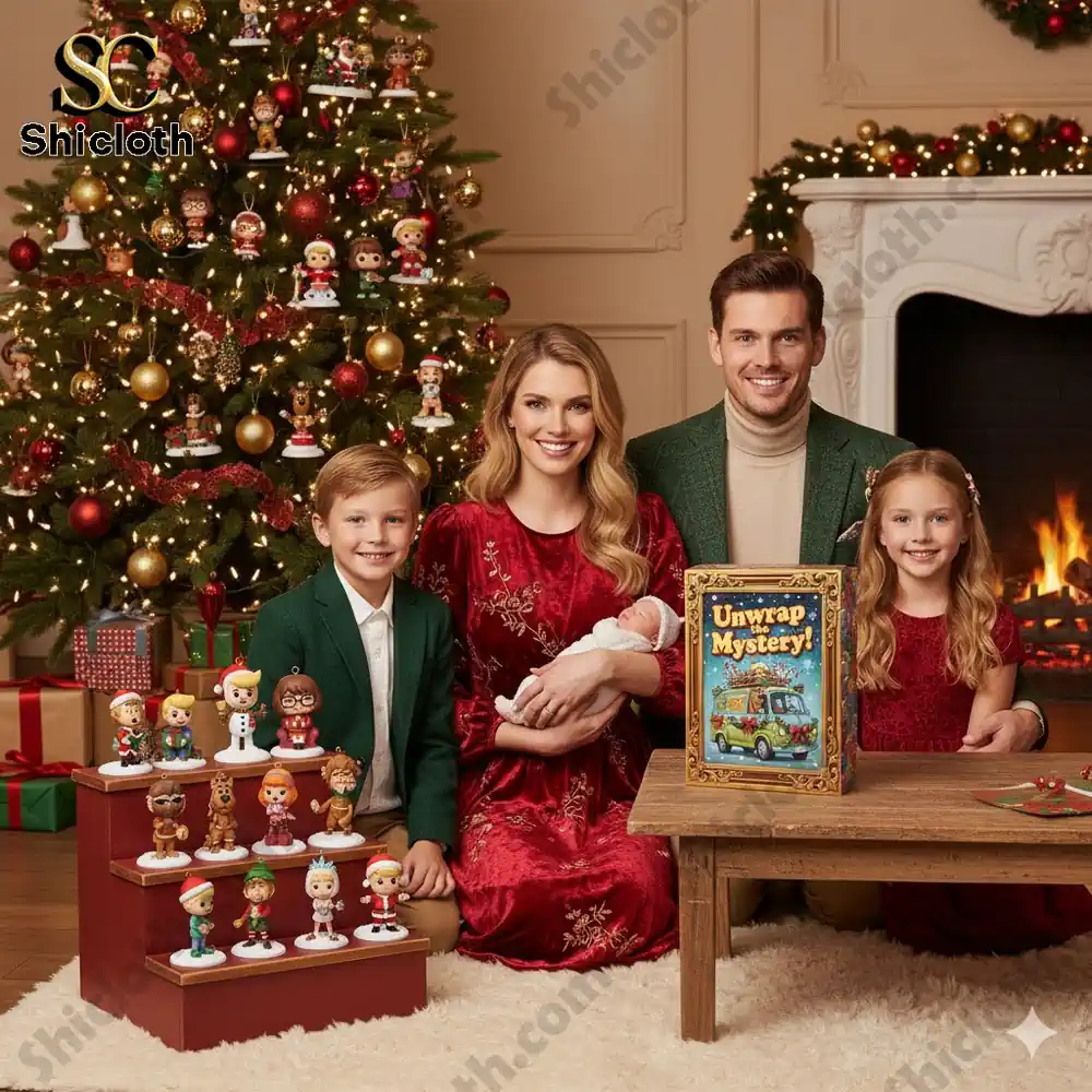 A family sitting by a Christmas tree holding the Unwrap the Mystery Scooby-Doo Advent Calendar 2025 box.
