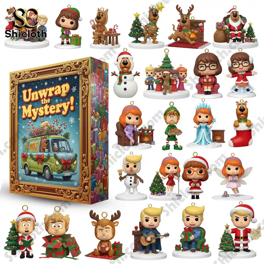 A display of Scooby-Doo Christmas figurines with the Unwrap the Mystery Advent Calendar 2025 box.
