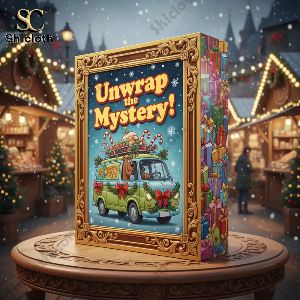 Unwrap the Mystery Scooby-Doo Advent Calendar 2025 3 The Unwrap the Mystery Scooby-Doo Advent Calendar 2025 box displayed on a wooden table at a Christmas market.
