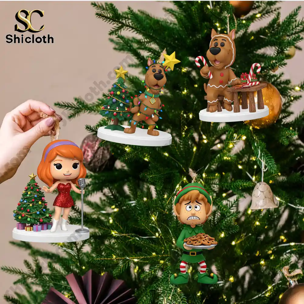 Unwrap the Mystery Scooby-Doo Advent Calendar 2025 4 Scooby-Doo and friends Christmas ornaments hanging on a decorated tree.