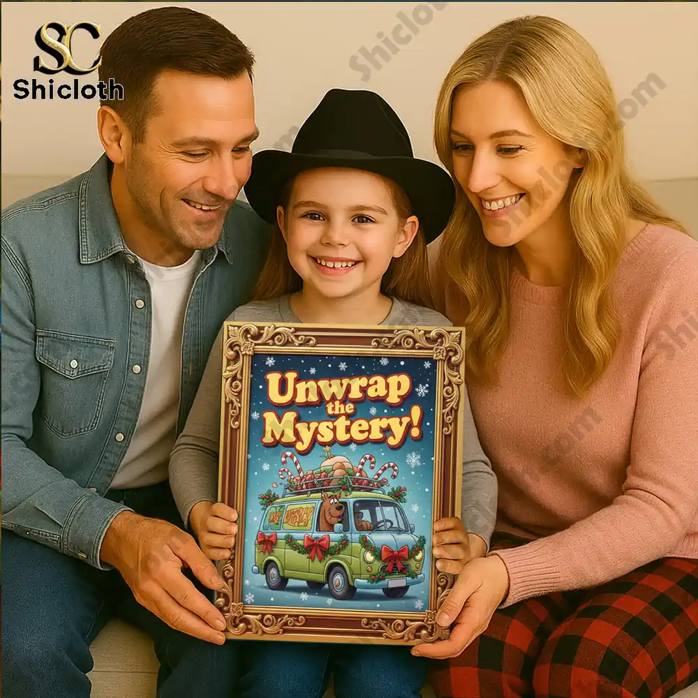 Unwrap the Mystery Scooby-Doo Advent Calendar 2025 6 A smiling girl holding the Unwrap the Mystery Scooby-Doo Advent Calendar 2025 with her parents.