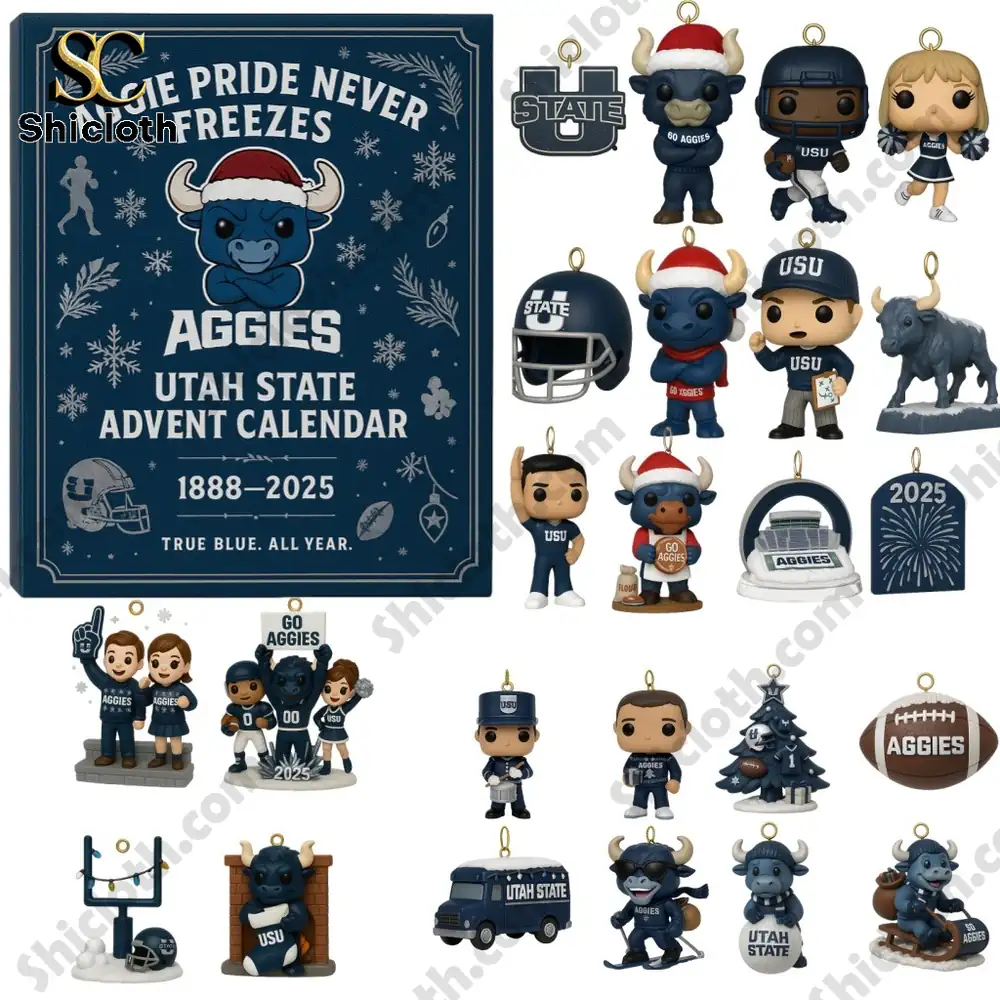Utah State Aggies Advent Calendar 2025 3 A complete set of Utah State Aggies Advent Calendar 2025 figurines and ornaments displayed beside the calendar box.
