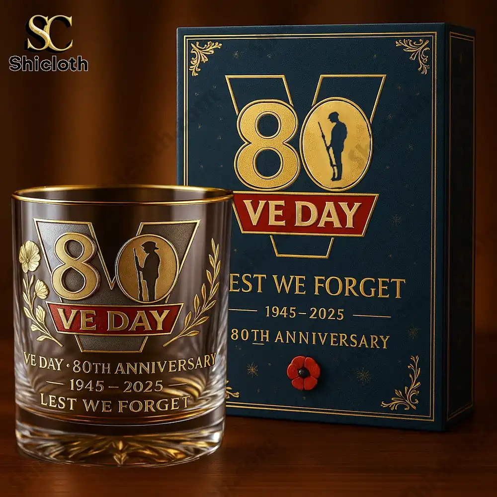 Commemorative glass and box set for VE Day 80th Anniversary 1945 to 2025 with gold and red design.