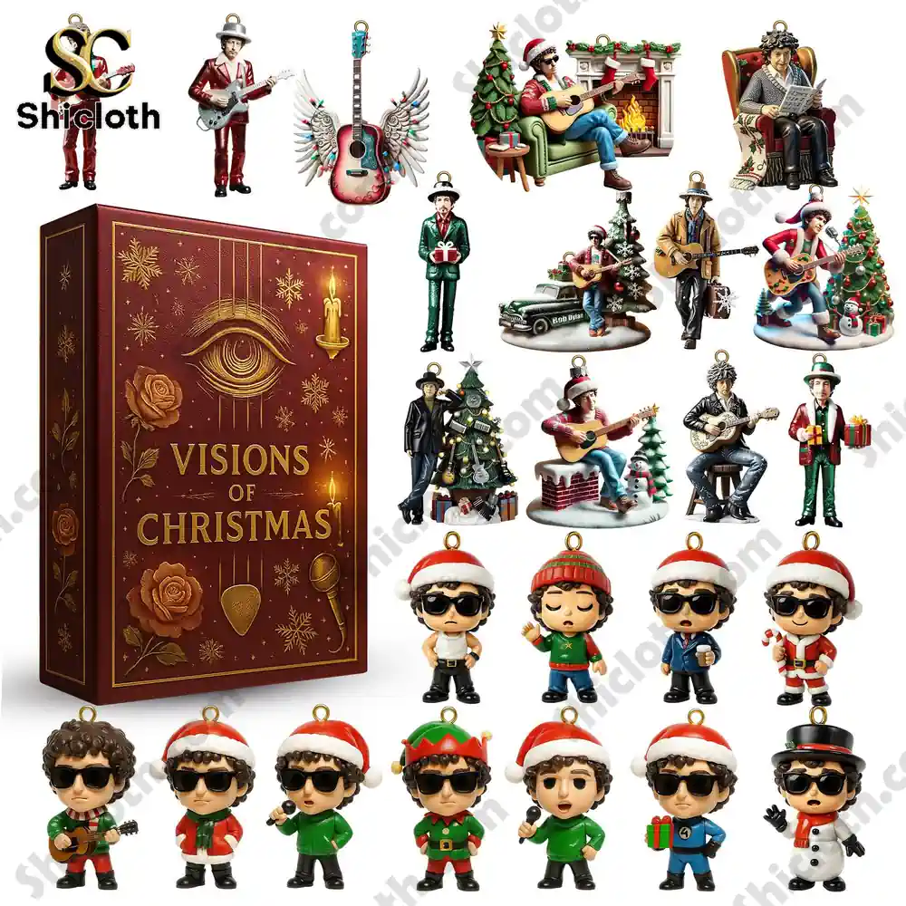 A detailed display of Visions of Christmas box and various themed collectible ornaments from Shicloth.