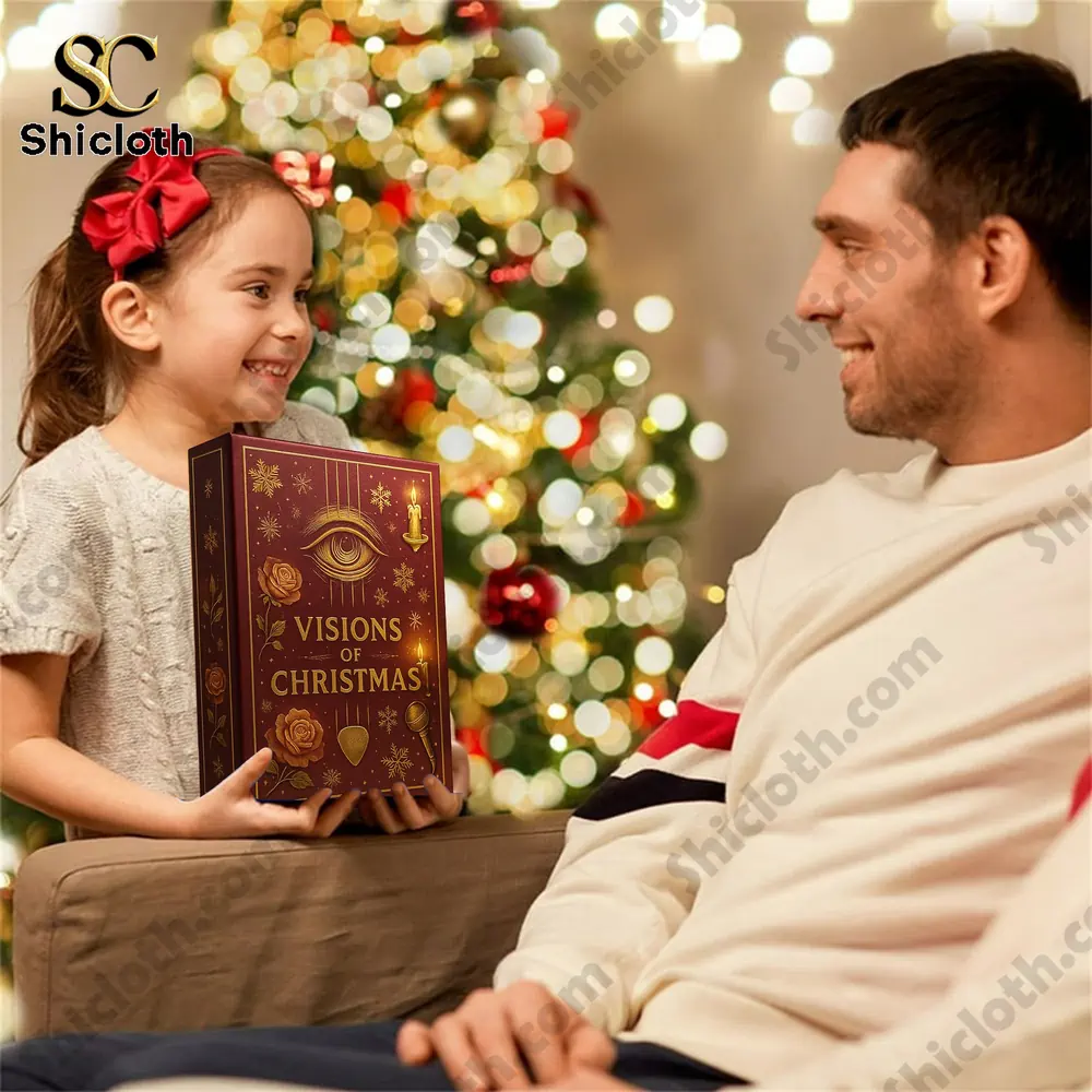 Visions of Christmas Premium Advent Calendar 2025 6 A young girl giving a Visions of Christmas box to a smiling man near a Christmas tree.