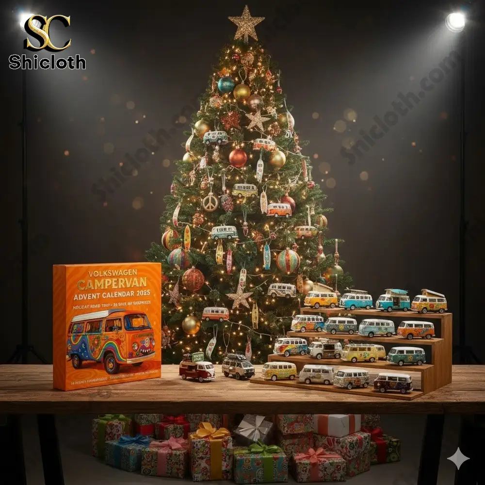 A display of colorful Volkswagen campervan miniatures arranged before a decorated Christmas tree with the Volkswagen Campervan Advent Calendar 2025 box beside them.