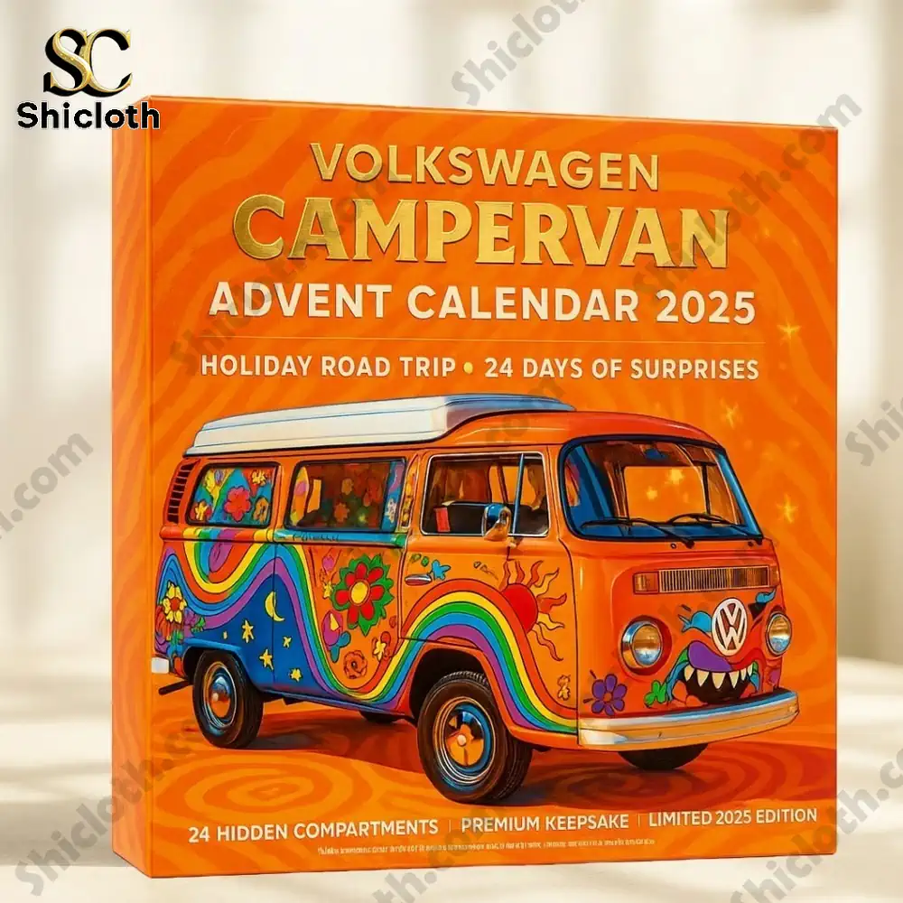 Close up of the orange Volkswagen Campervan Advent Calendar 2025 box with a colorful hippie-style van illustration.