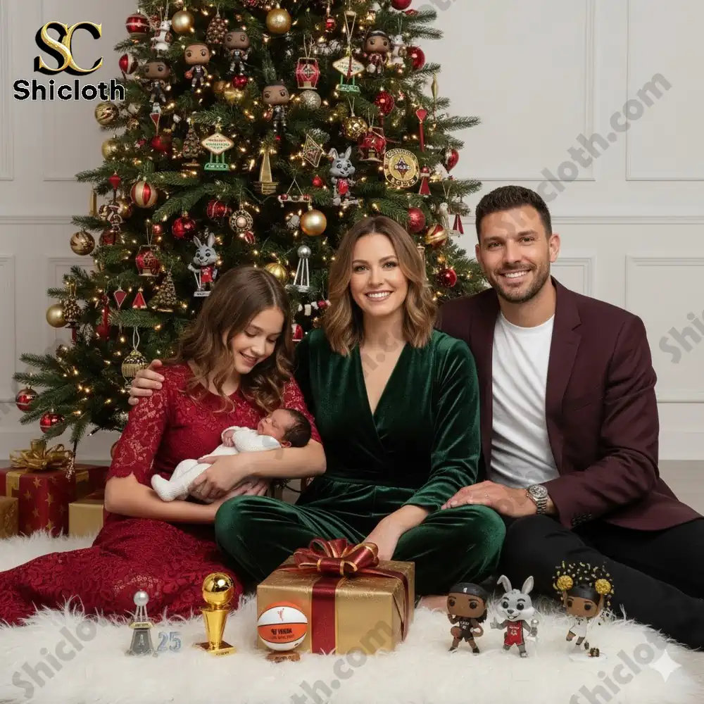 A family sits beside a decorated Christmas tree with Las Vegas Aces themed ornaments and figures in front of them.