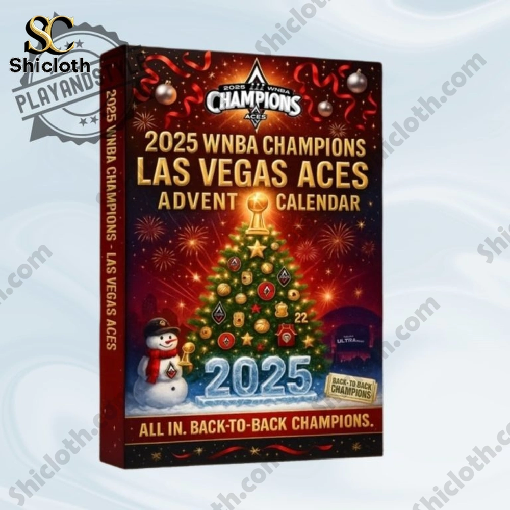 Las Vegas Aces 2025 Advent Calendar box featuring a Christmas tree, snowman, and championship trophy illustration.