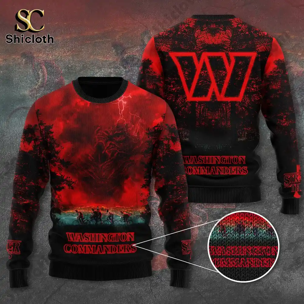 A red and black Washington Commanders sweater with Stranger Things design showing front and back.