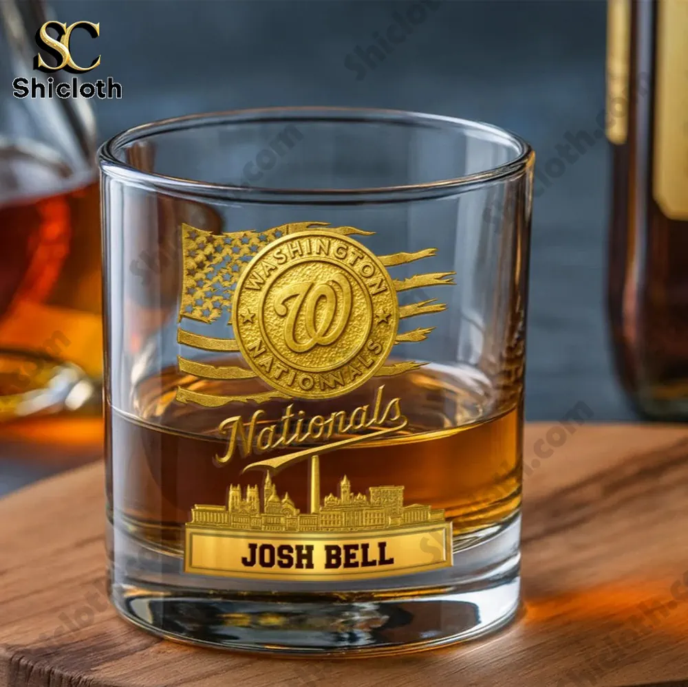 Whiskey glass featuring Washington Nationals logo and player name Josh Bell in gold design.