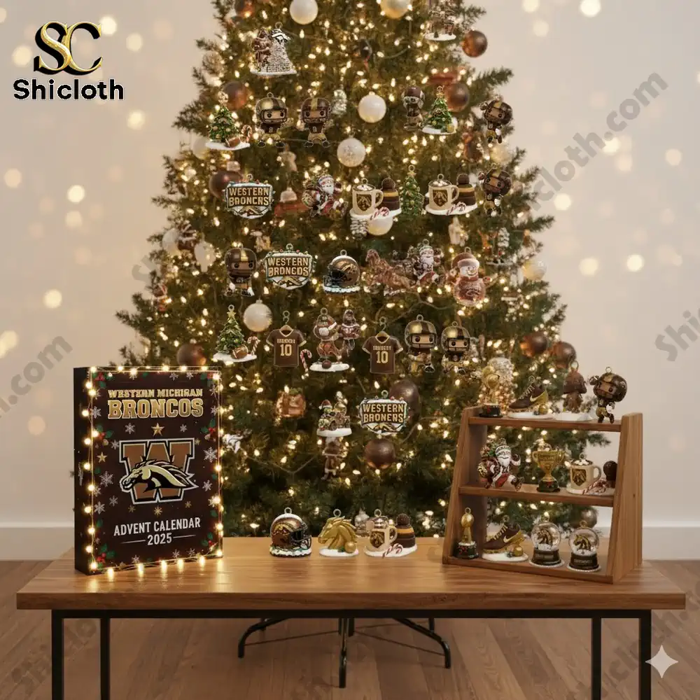 Western Michigan Broncos Christmas Advent Calendar 2025 1 Christmas tree decorated with Western Michigan Broncos ornaments and 2025 Advent Calendar box on a wooden table!