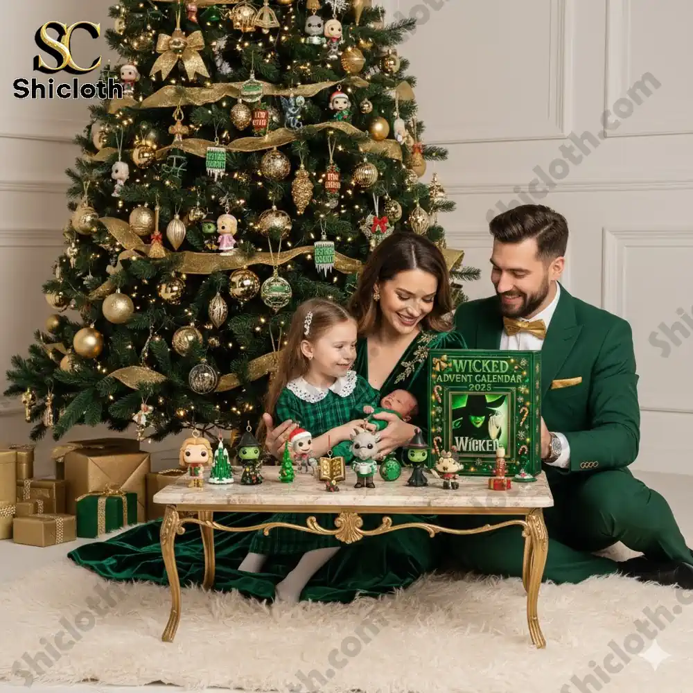 A family in green outfits sits by a Christmas tree decorated with Wicked-themed ornaments and a 2025 Advent calendar.