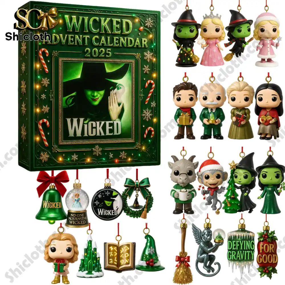 Wicked 2025 Advent calendar with collectible mini figures and themed holiday ornaments displayed.