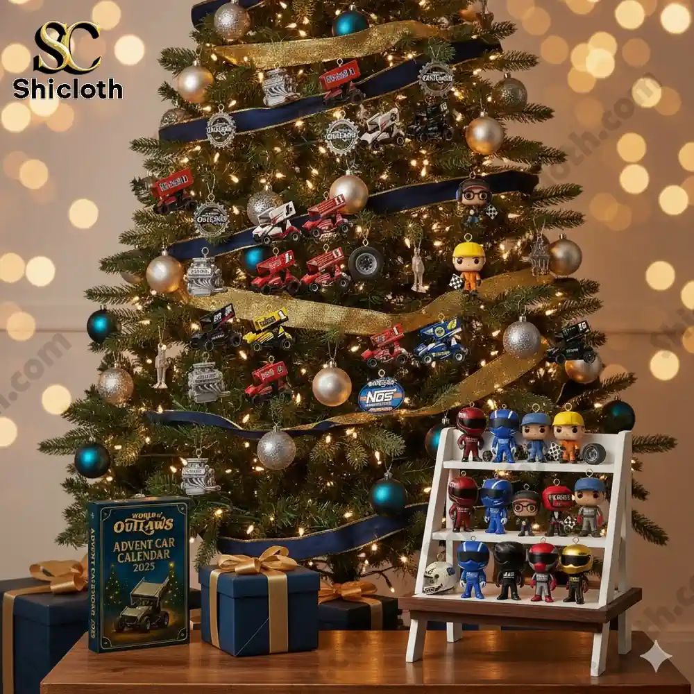 A Christmas tree decorated with World of Outlaws sprint car ornaments and miniature driver figures with the Advent Car Calendar 2025 box and gifts below.