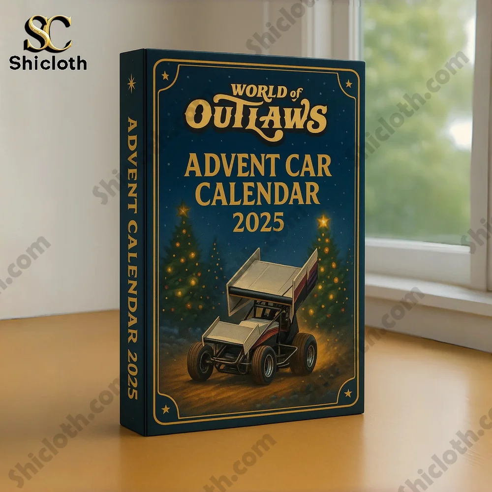 A close up of the World of Outlaws Advent Car Calendar 2025 box displayed on a wooden table near a window!