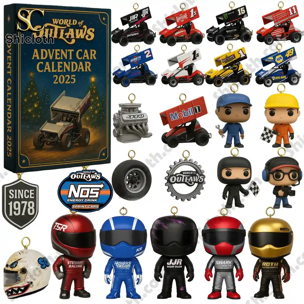 World of Outlaws Sprint Car Series Advent Calendar 2025 3 A full set of miniature race cars and figures from the World of Outlaws Advent Car Calendar 2025 displayed alongside the product box!