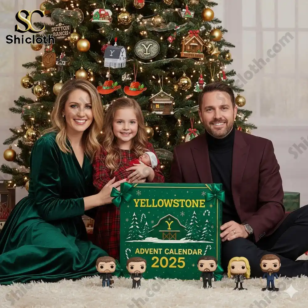 A smiling family sitting by a Christmas tree with a Yellowstone 2025 advent calendar box and small collectible figures in front of them!