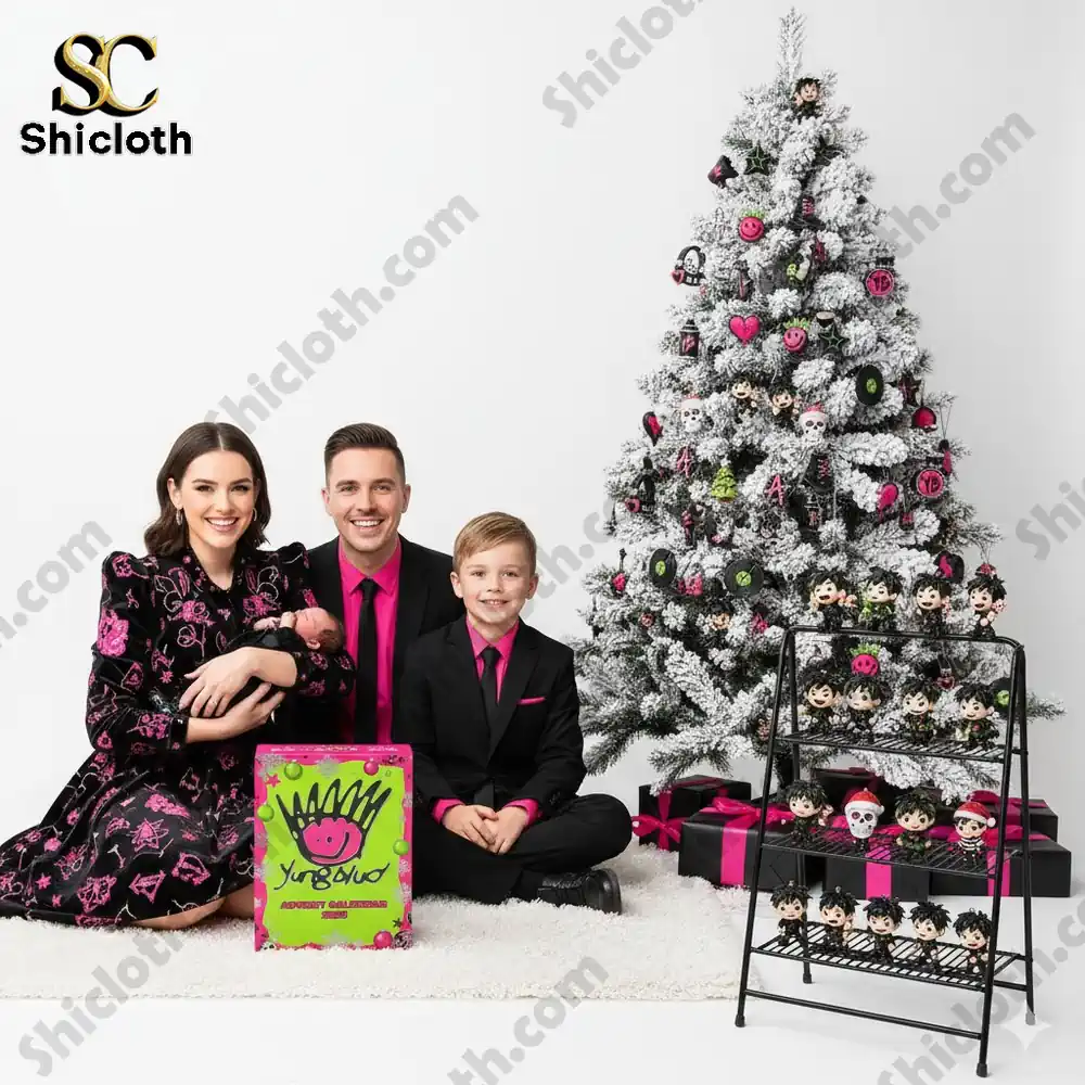 A smiling family sits beside a Christmas tree decorated with Yungblud themed ornaments and an Advent Calendar 2025 box.