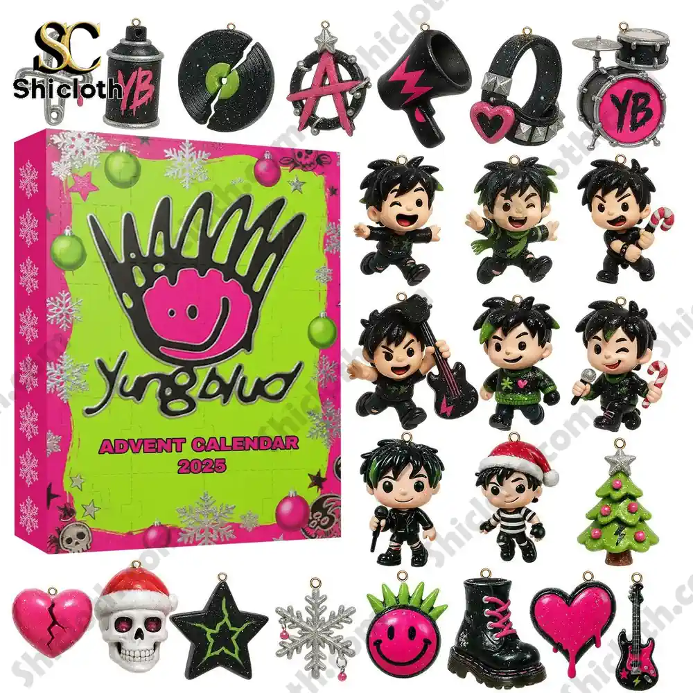 A set of Yungblud Advent Calendar 2025 mini figures and ornaments displayed with the bright pink and green box.