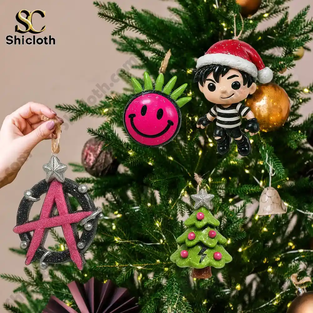 Hot Sale 2025 Yungblud Advent Calendar 2025 4 A hand hangs Yungblud themed ornaments including a smiley face and character figure on a Christmas tree.