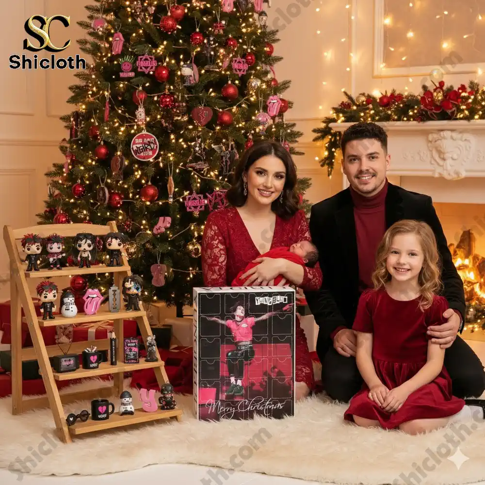 A family sitting by a Christmas tree with a Yungblud Advent Calendar box and themed decorations.