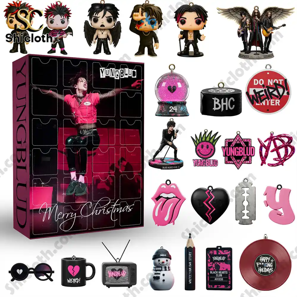 A collection of Yungblud themed mini figures and ornaments displayed with the Advent Calendar box.
