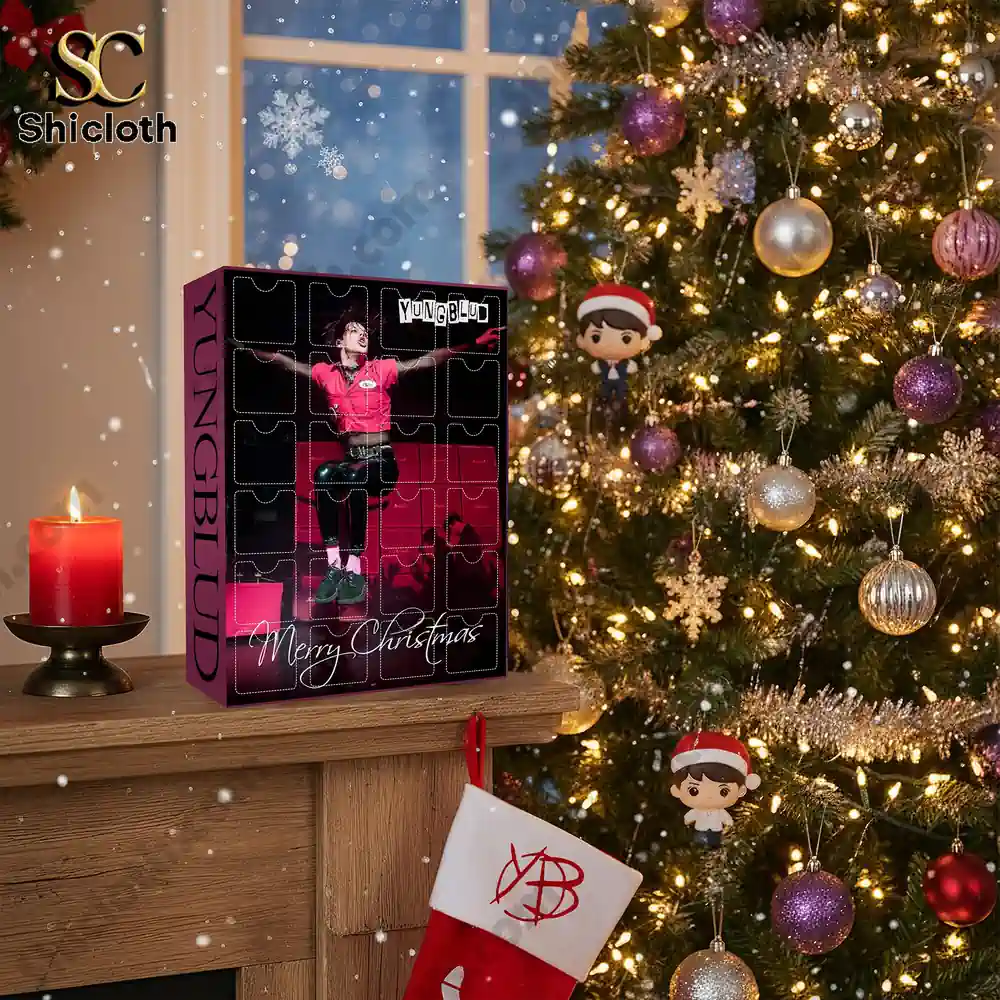 Yungblud Merry Christmas Advent Calendar 2025 3 A Yungblud Advent Calendar displayed on a fireplace beside a decorated Christmas tree.
