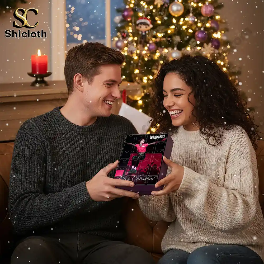 Yungblud Merry Christmas Advent Calendar 2025 4 A smiling couple exchanging a Yungblud Advent Calendar in a cozy Christmas setting.