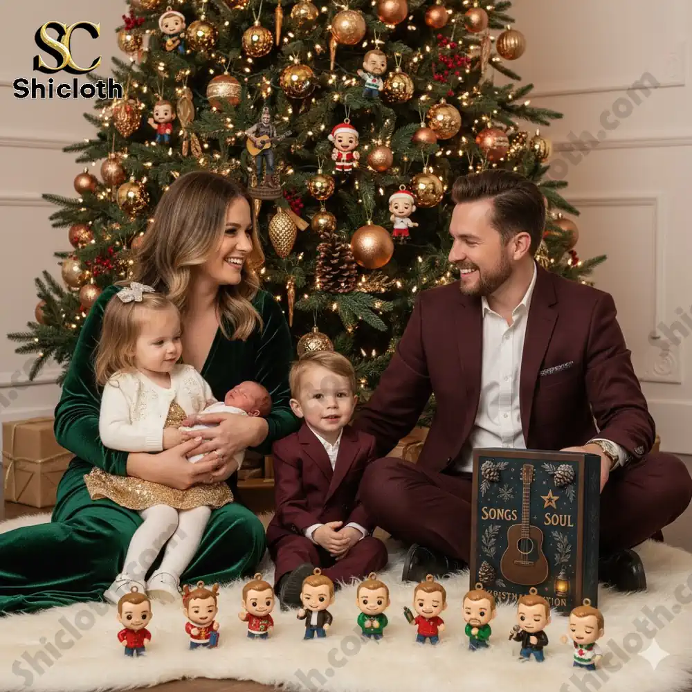 Family sitting by Christmas tree with Songs Soul Advent Calendar and figurines.