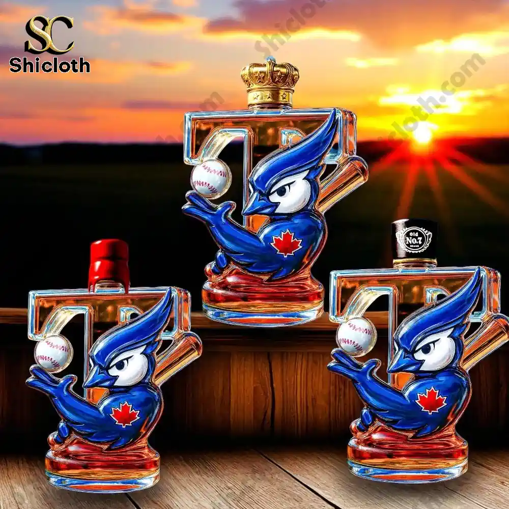 Three Shicloth Blue Jays bottles with gold, black, and red caps displayed on a wooden surface at sunset.