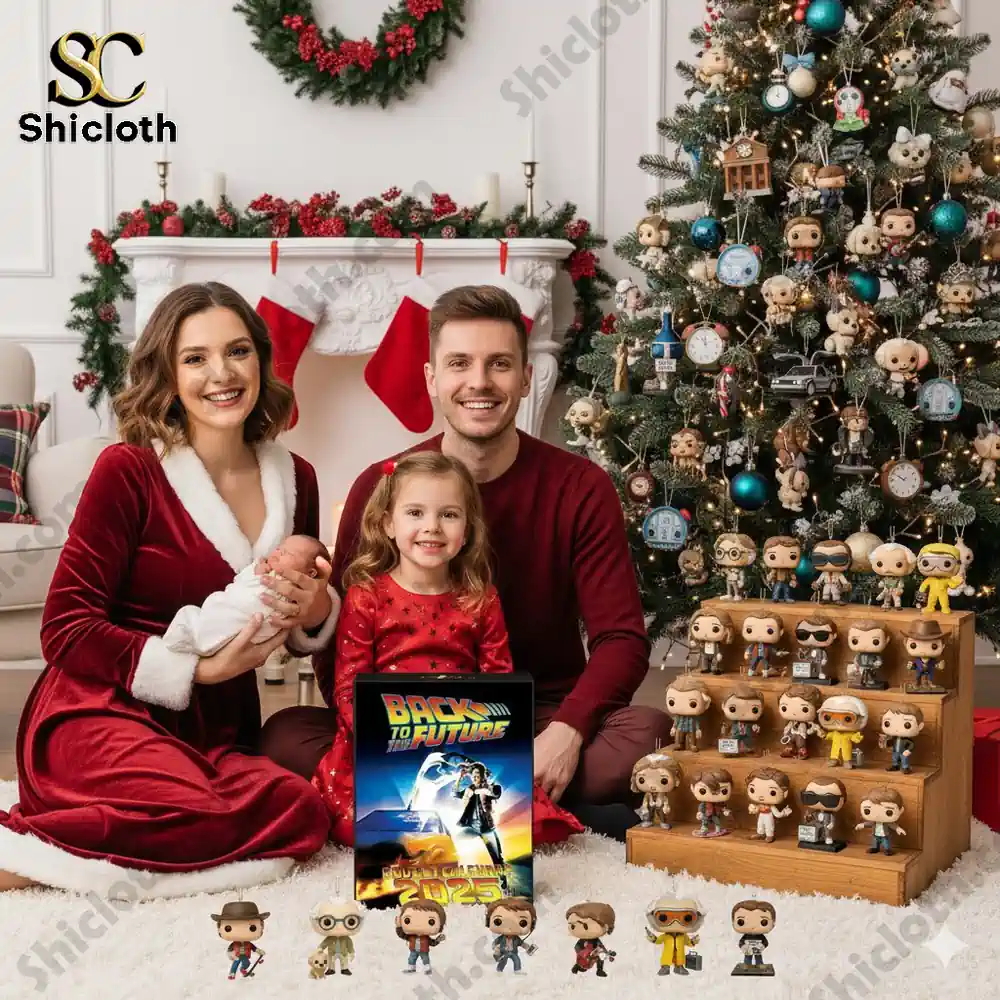 Family posing with Back To The Future advent calendar and Shicloth figures by Christmas tree.