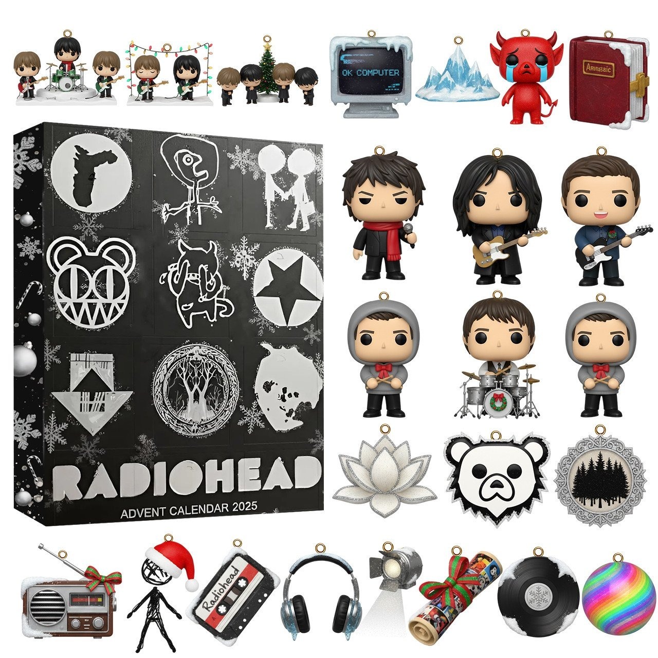A Radiohead Advent Calendar 2025 surrounded by miniature Radiohead band figures and music-themed ornaments.