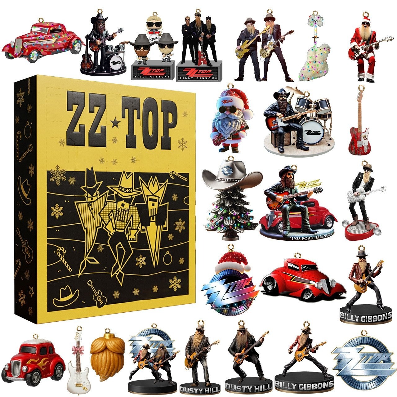 A ZZ Top advent calendar box surrounded by miniature band-themed ornaments and figures.