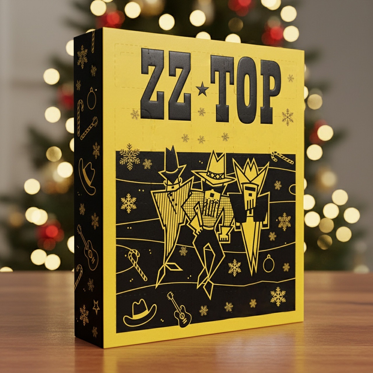 ZZ Top Band Advent Calendar 2025 3 A ZZ Top advent calendar box on a wooden table with a Christmas tree in the background.