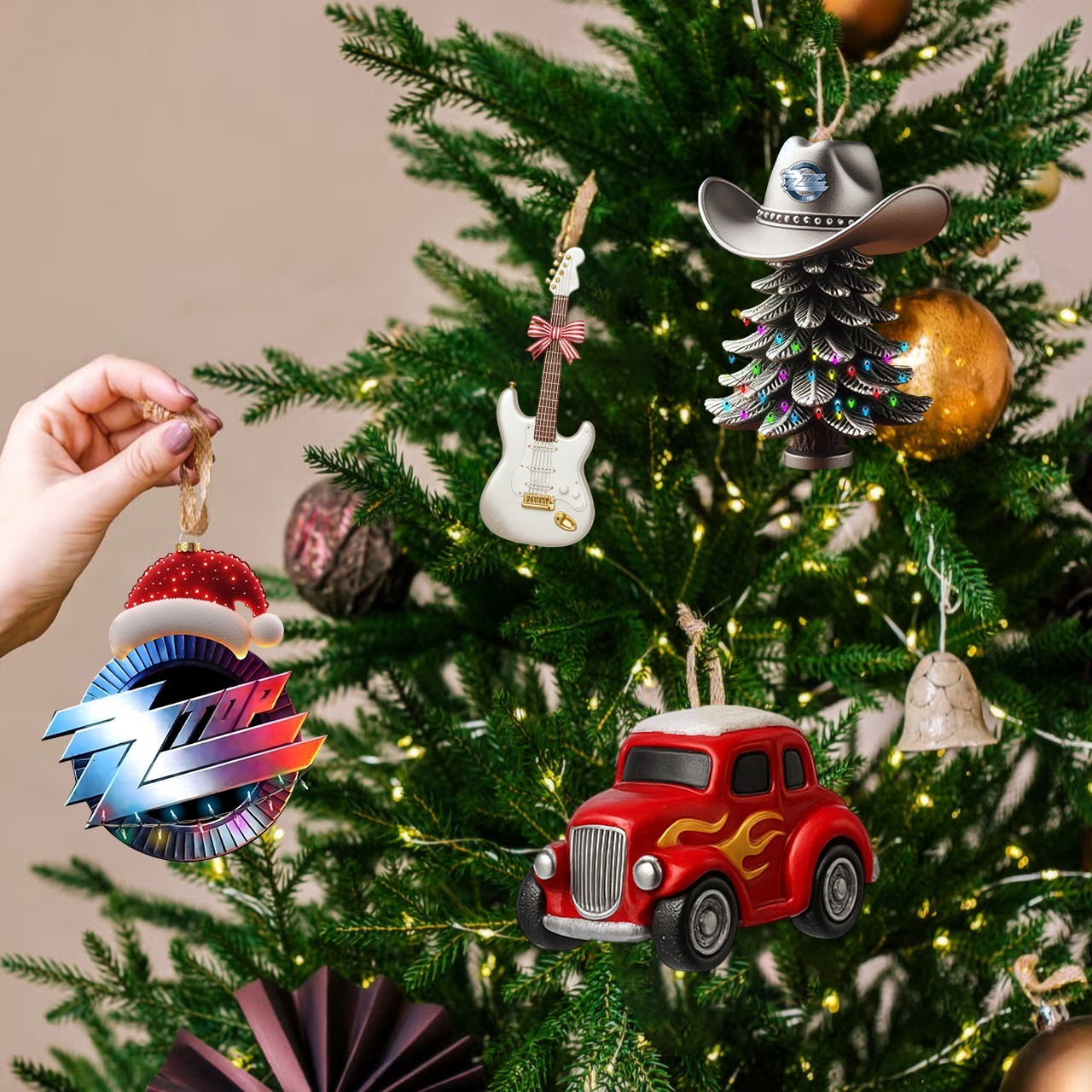 ZZ Top Band Advent Calendar 2025 4 ZZ Top themed ornaments including a red car, guitar, hat, and logo hanging on a Christmas tree.