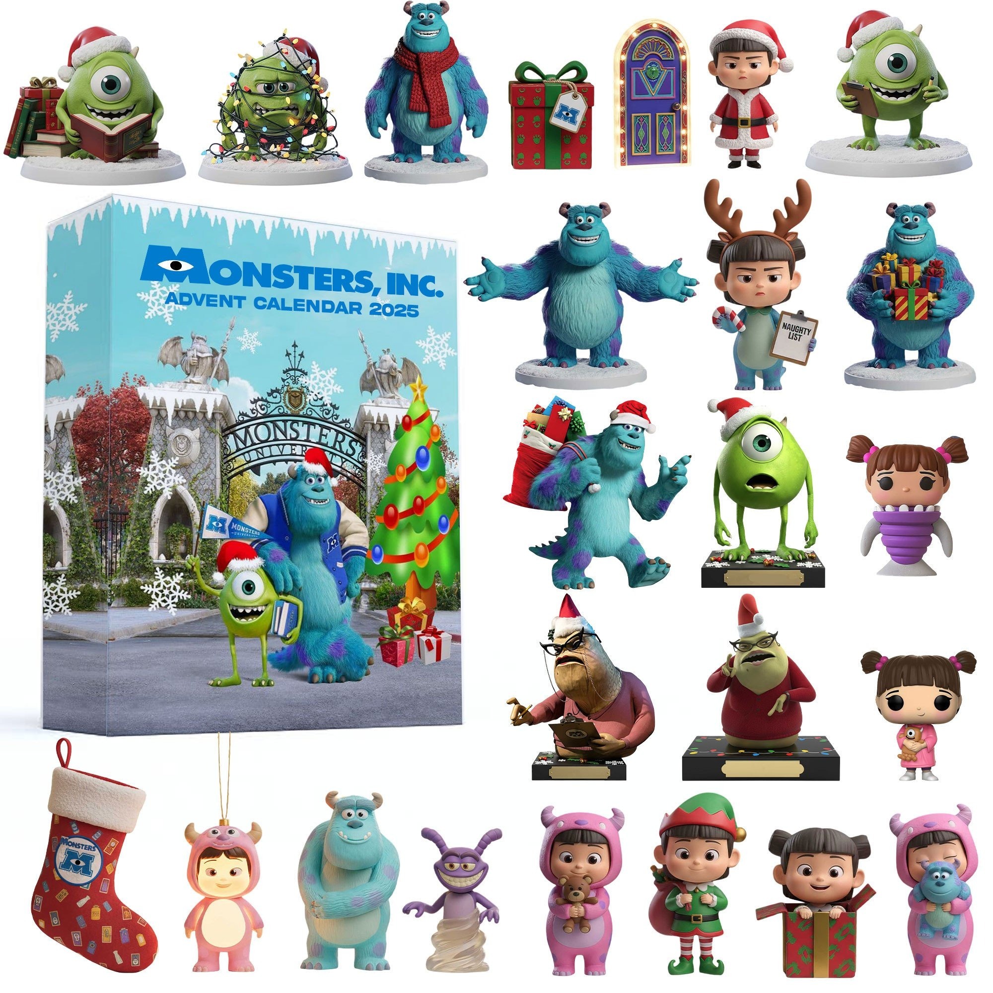 A full collection of Monsters Inc Advent Calendar 2025 figures and box displayed on a white background.
